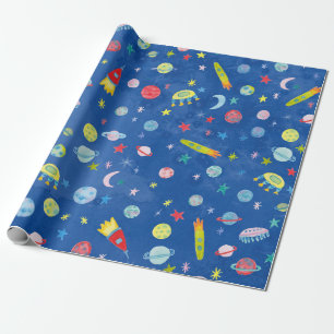 Rymden UFO Planets Rocket Mönster vattenfärg Presentpapper