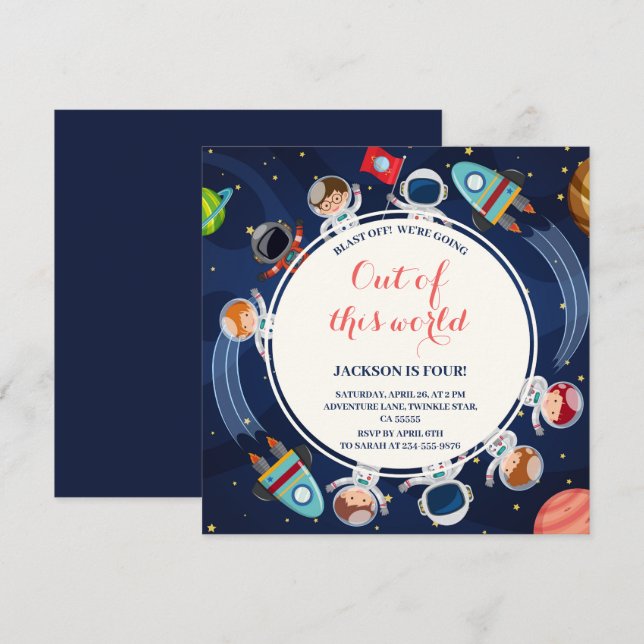 Rymden ut ur denna Födelsedagsfest i världen Inbjudningar (Fram/baksida)