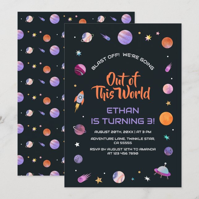Rymden Utanför Denna Världens Födelsedagsfest Inbjudningar (Fram/baksida)
