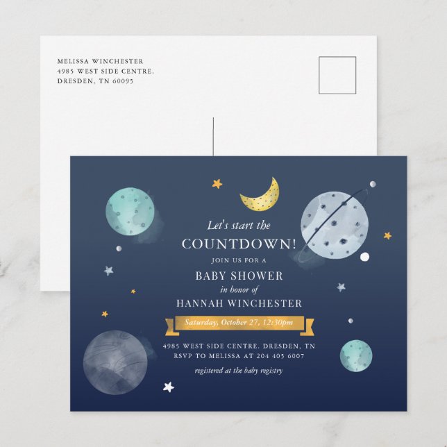 Rymden Watercolor Galaxy Baby Shower Invati Inbjudan Vykort (Fram/baksida)