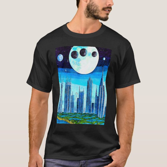 Rymden World, många Måne Mörk, Skyscraper i natt T Shirt (Framsida)