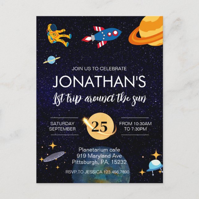 Rymdfarare 1:a födelsedagsfest i rymden vykort (Framsida)