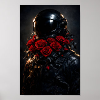 Rymdfarare Svart Dräkt Röda Rosor Blommig Rymdkons Poster