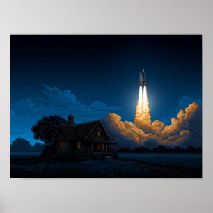 Rymdfärja raketuppskjutning på natten bakom bondgå poster