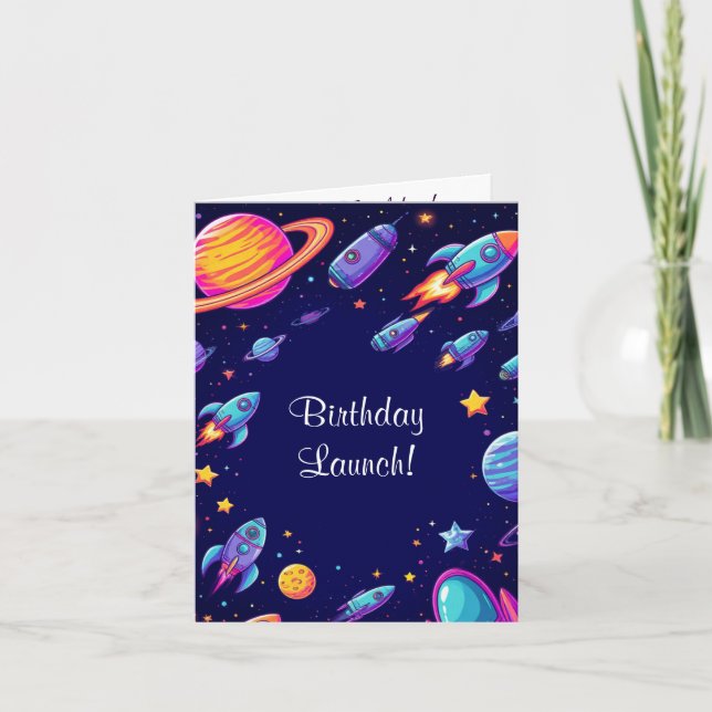 Rymdfödelsedagsäventyr för pojkar Rakettema 🚀 Kort (Framsida)