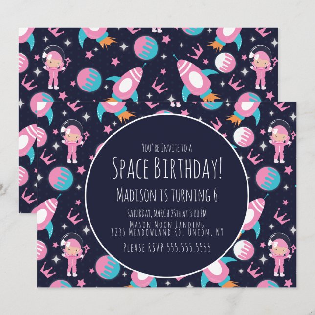 Rymdgalax Rosa Prinsessa Astronaut Födelsedag Inbjudningar (Fram/baksida)
