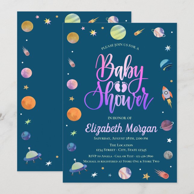 Rymdgalaxen Baby Shower Inbjudningar (Fram/baksida)