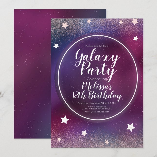 Rymdgalaxen nebulosa glitter månen födelsedag inbjudningar (Fram/baksida)