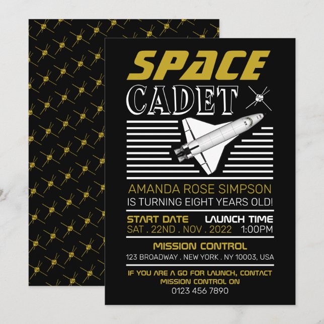 Rymdkadet, rymdfarkoster, födelsedag inbjudningar (Fram/baksida)