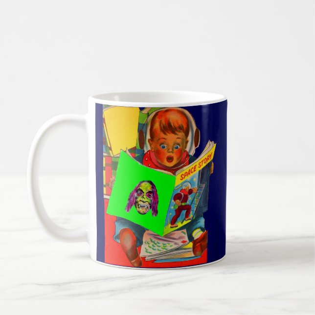 rymdkassettpojke som läser sci om bok kaffemugg (Vänster)