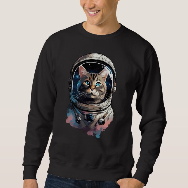 Rymdkat Astronaut i rymden Vattenfärgskonst Lång Ärmad Tröja (Framsida)