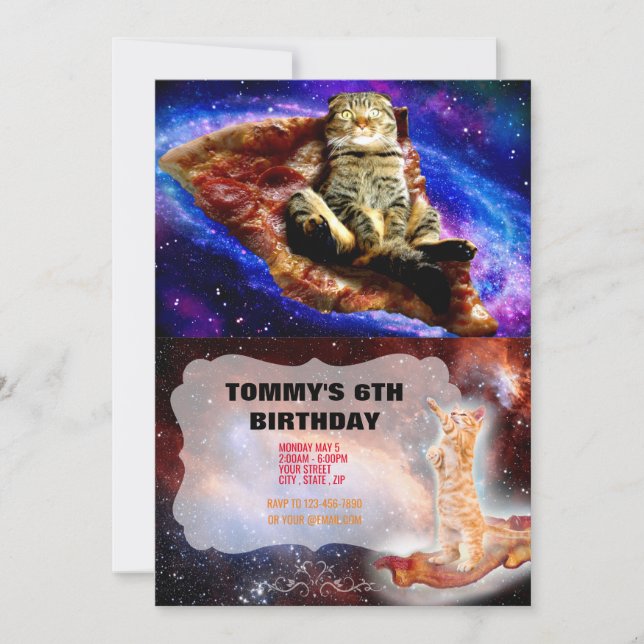 Rymdkatt ljugande på pizza inbjudningar (Framsida)