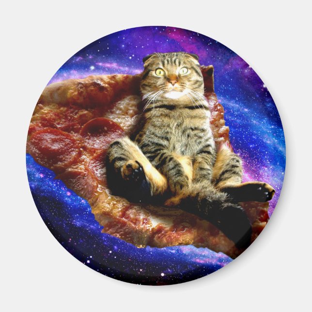 Rymdkatt ljugande på pizza magnet (Framsidan)