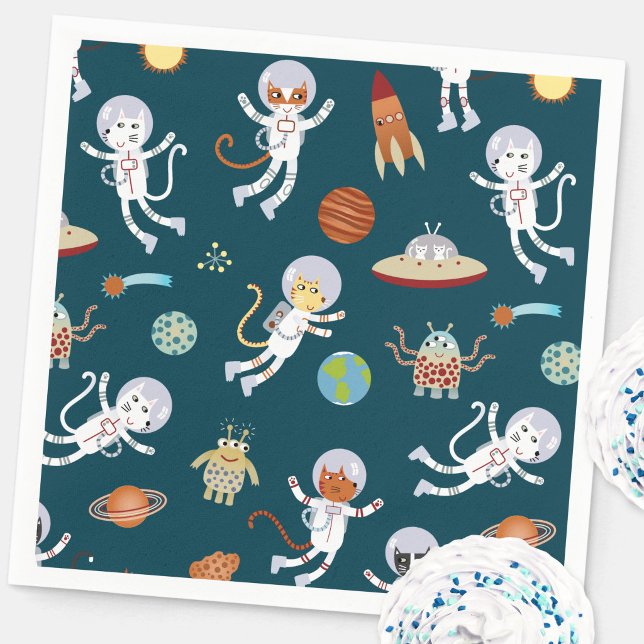 Rymdkatter Födelsedagsfest Pappersservett (Space themed kitty cat astronaut pattern party paper napkin)