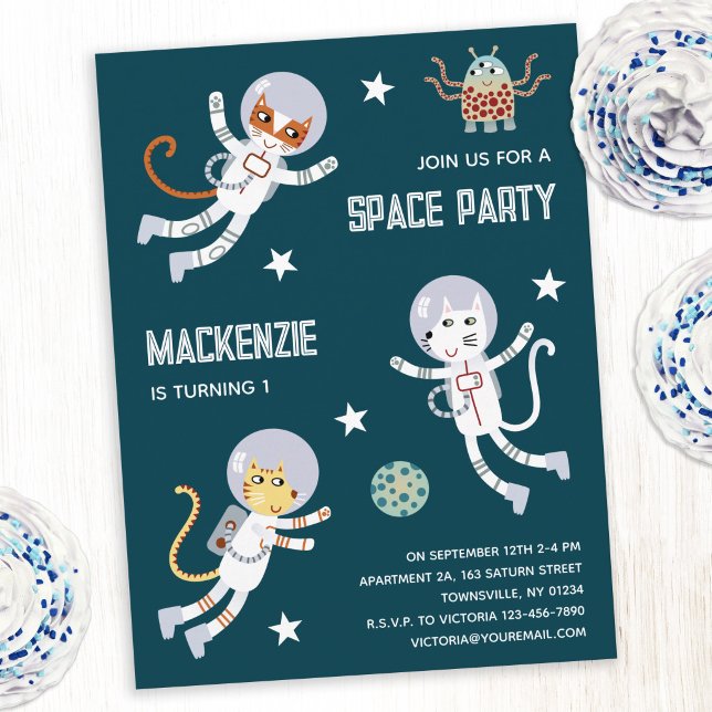 Rymdkatter Första Födelsedagsfest Inbjudan (Fun space cat first birthday party invitation postcard)