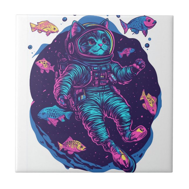 Rymdkattsdrömmar � Rolig Vaporwave Galaxy Katt Kakelplatta (Framsidan)