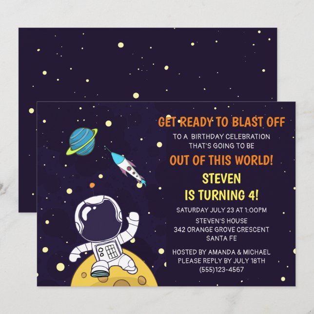 Rymdman Astronaut på Månens Födelsedag Inbjudningar (Fram/baksida)
