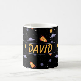 Rymdmönster orange svart namn kaffemugg