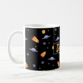 Rymdmönster orange svart namn kaffemugg