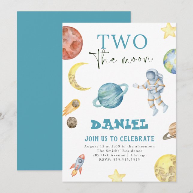Rymdplaneter 2-års födelsedagsinbjudan inbjudningar (Fram/baksida)