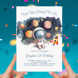 Rymdplaneter Astronaut Första Födelsedag Inbjudningar