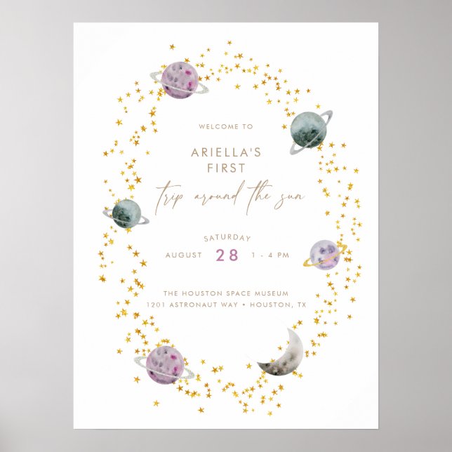 Rymdplaneter - Flickor Guld 1-årsdag Poster (Framsidan)
