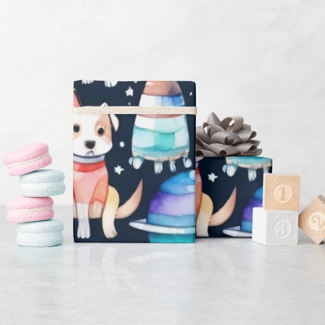 Rymdplaneter, galaxuniversum i hundar presentpapper (Baby Shower)