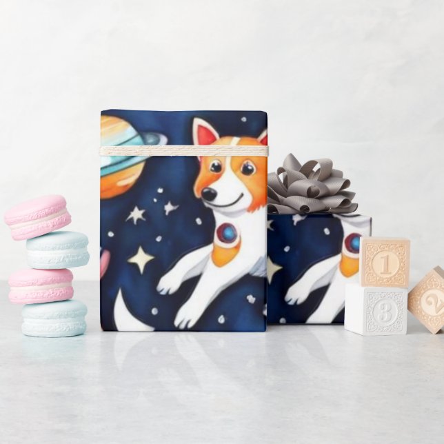 Rymdplaneter, galaxuniversum i hundar presentpapper (Baby Shower)