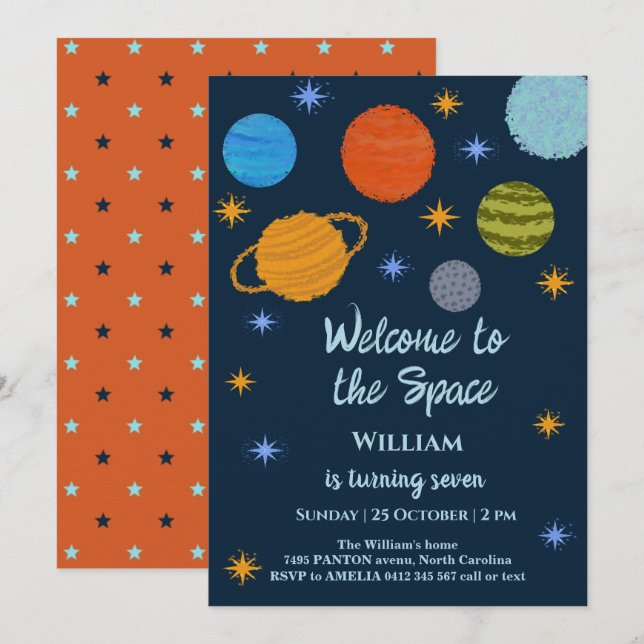 Rymdplaneter Galaxy Stars Boy Shower Inbjudningar (Fram/baksida)