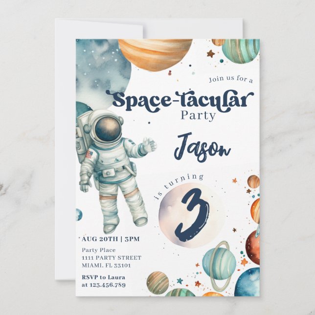 Rymdpojke Astronaut Blå Födelsedag Inbjudningar (Framsida)