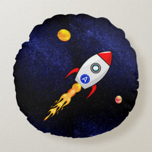 Rymdraket och monogram på galaxen rund kudde