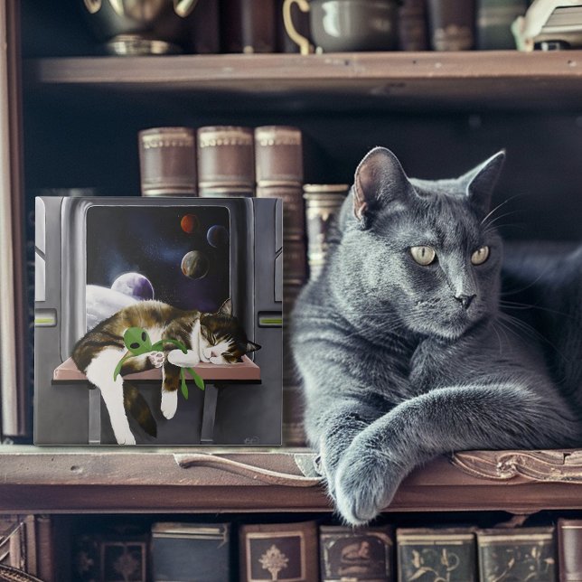 Rymdskepp Tabby Katt Grön Alien Gosedjur Sci-Fi Kakelplatta (Skapare uppladdad)