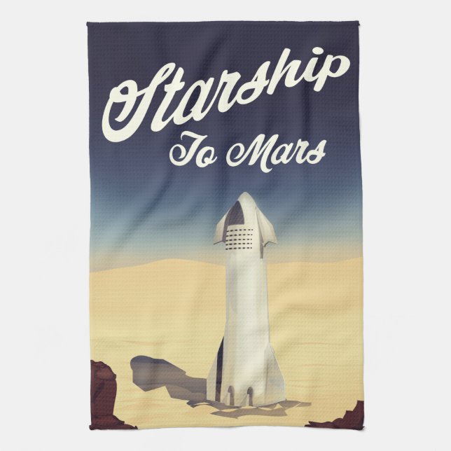 Rymdskepp till Mars vintage rymdresa. Kökshandduk (Vertikal)