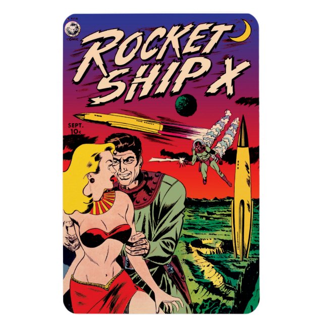 Rymdskepp X Vintage Sci-Fi Serietidningsomslag Magnet (Vertikal)