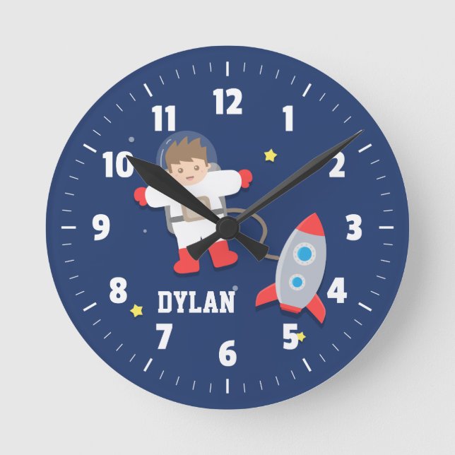 Rymdskepp Yttre Rymden Liten Astronaut Pojkrum Rund Klocka (Framsida)