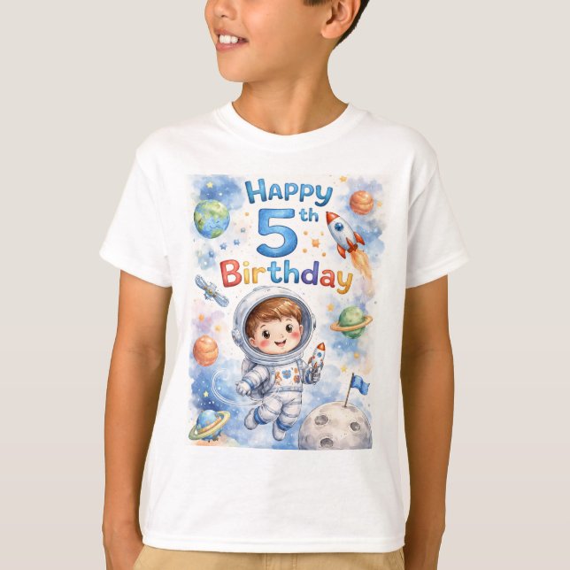 Rymdskepps födelsedag Rymd Planeter Pojke Stjärnor T Shirt (Framsida)