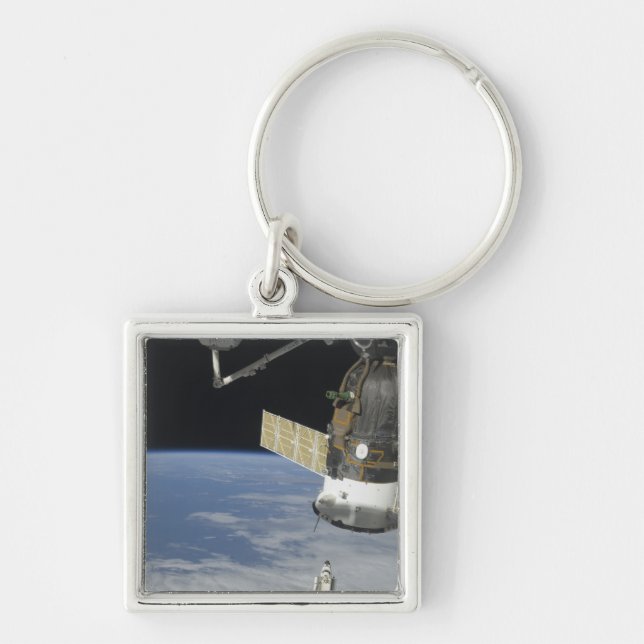 Rymdskyttel Endeavor, en Sojuz rymdfarkost Fyrkantig Silverfärgad Nyckelring (Framsidan)