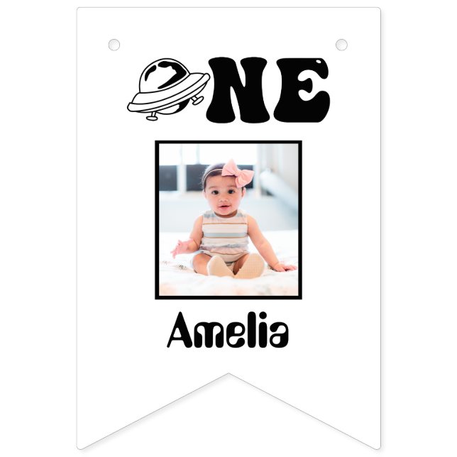 Rymdtema 1:a födelsedag 12 månaders fotobanderoll vimplar (Första flaggan)