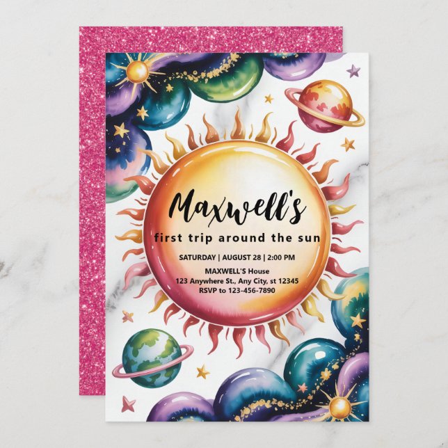 Rymdtema 1:a födelsedagen Party Inbjudningar (Fram/baksida)