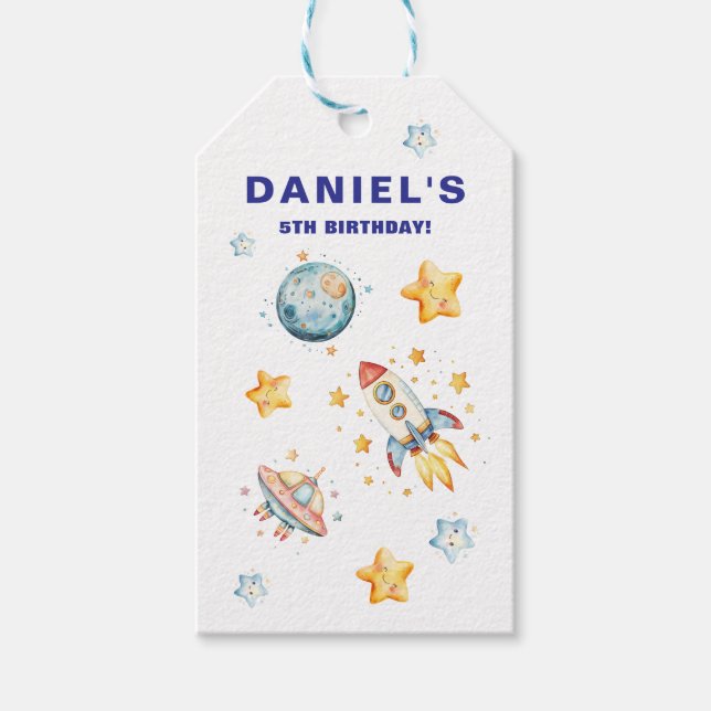 Rymdtema Födelsedagsfest med Raketfärd Presentetikett (Framsidan)