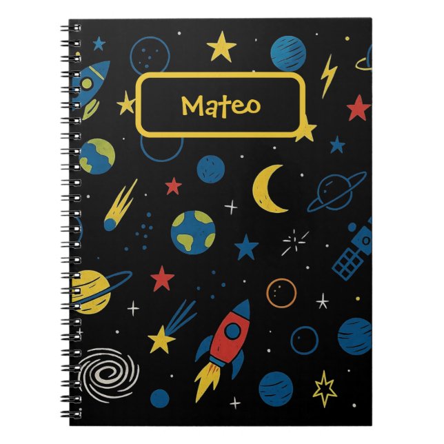 Rymdtemat anteckningsbok med raket- och galaxdoodl (Framsidan)
