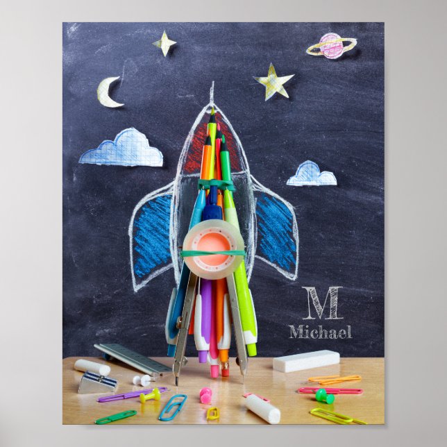 Rymdtemat raketfartyg ~ Anpassad monogram för barn Poster (Framsidan)