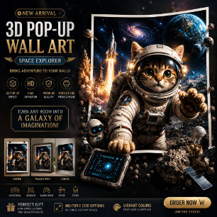 Rymdutforskarkatt 3D utfällbar väggkonstaffisch Poster