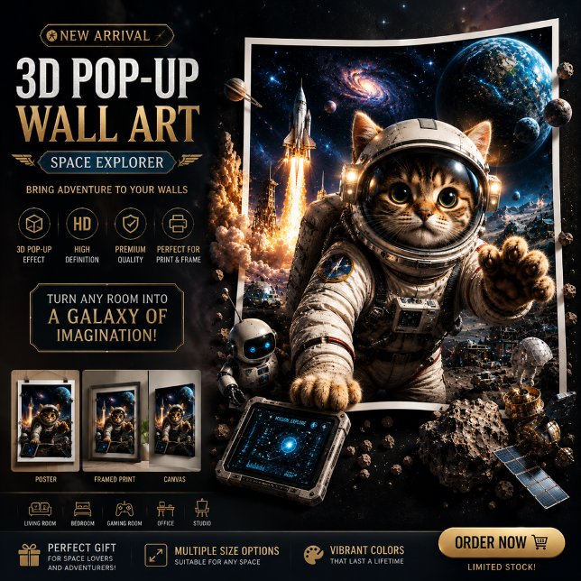 Rymdutforskarkatt 3D utfällbar väggkonstaffisch Poster (Skapare uppladdad)