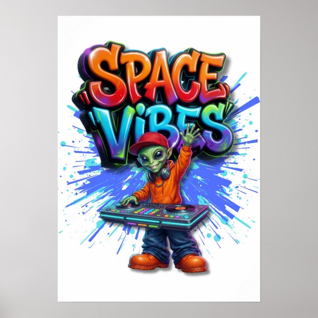 Rymdvibbar Alien DJ-musik Streetwear-design Poster (Framsidan)