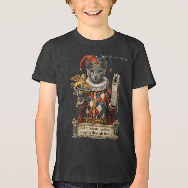 Rysk Blå Arlequin Katt T Shirt (Framsida)