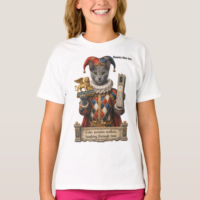 Rysk Blå Arlequin Katt T Shirt (Framsida)