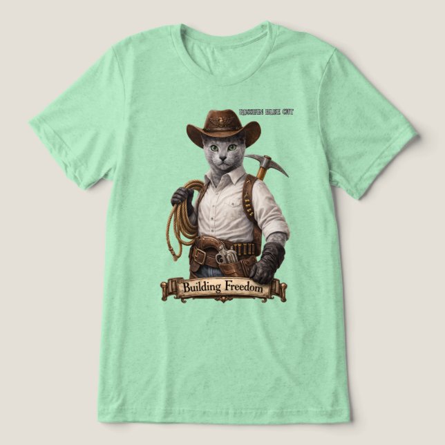 Rysk Blå Cowboy Katt – Bygger Frihet T Shirt (Design Framsida)