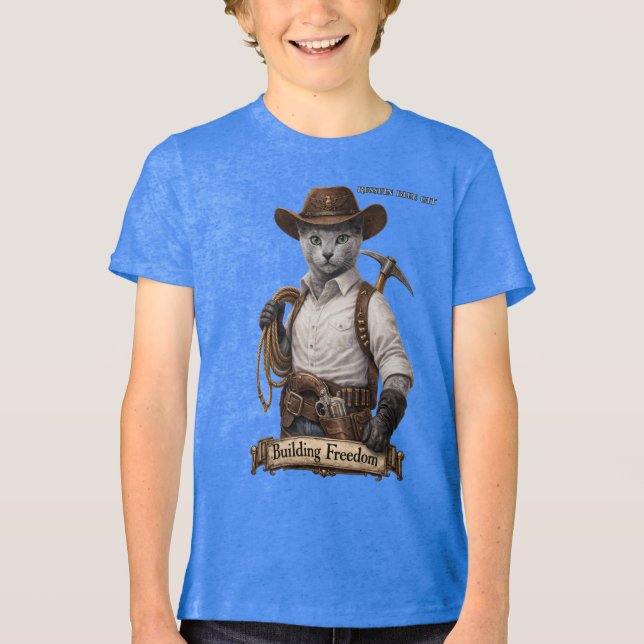 Rysk Blå Cowboy Katt – Bygger Frihet T Shirt (Framsida)