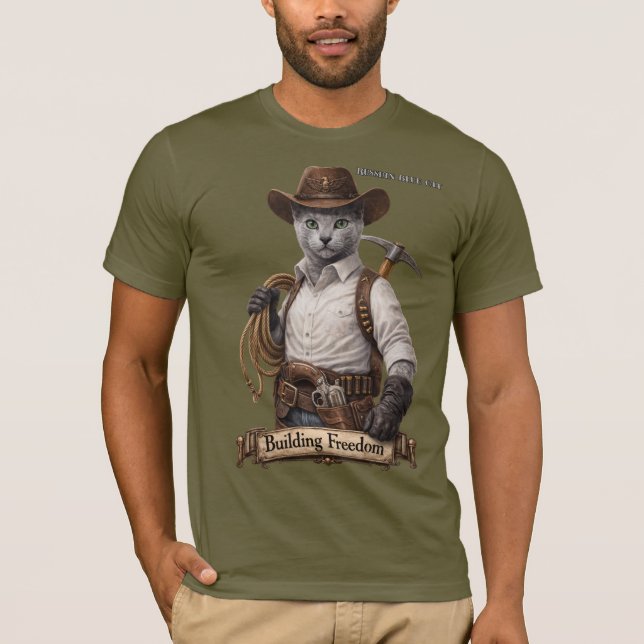 Rysk Blå Cowboy Katt – Bygger Frihet T Shirt (Framsida)